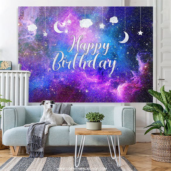 Lofaris Glitter Starry Purple Galaxy Happy Birthday Backdrop