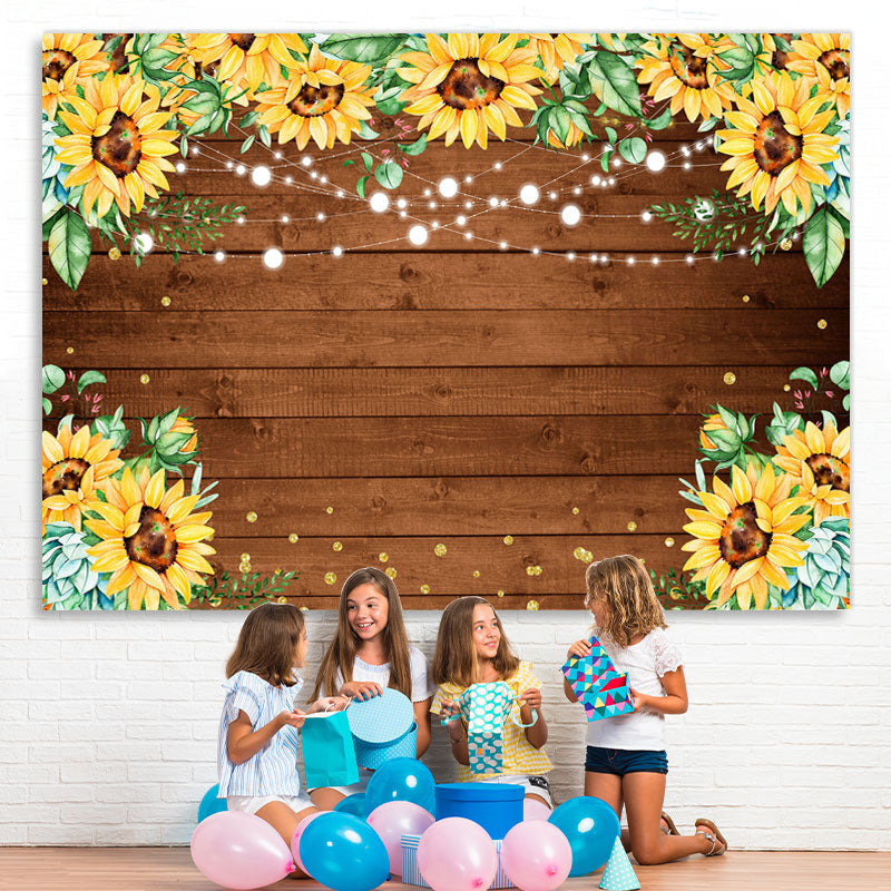 Lofaris Glitter Sunflower Bokeh Wooden Happy Birthday Backdrop