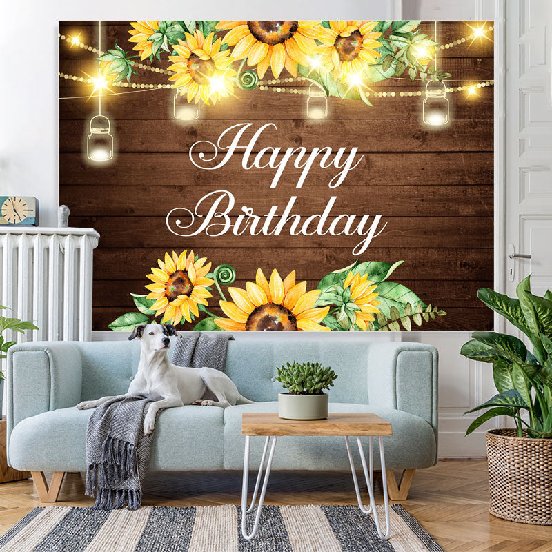 Lofaris Glitter Sunflowers And Wooden Happy Birthday Backdrop