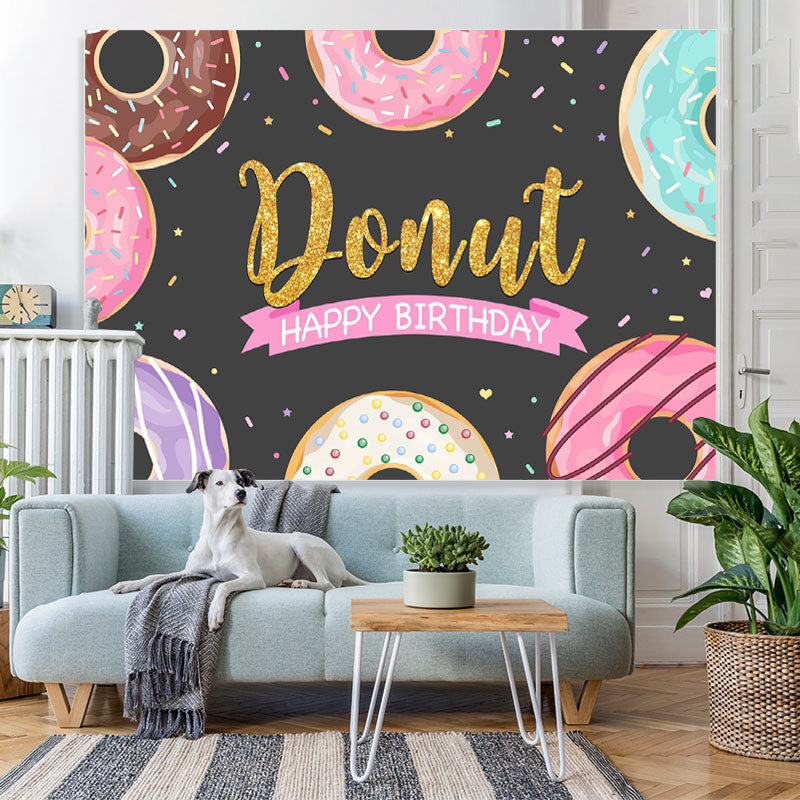 Lofaris Glitter Sweet Donut Black Happy Birthday Party Backdrop