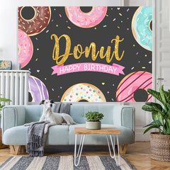 Lofaris Glitter Sweet Donut Black Happy Birthday Party Backdrop