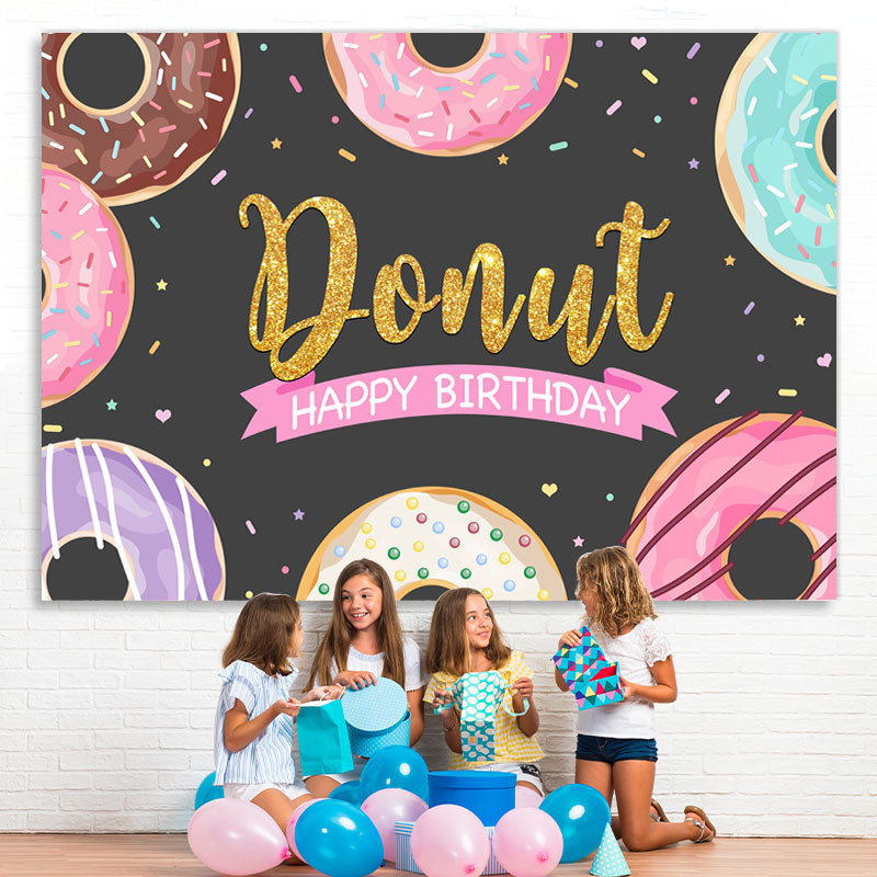 Lofaris Glitter Sweet Donut Black Happy Birthday Party Backdrop