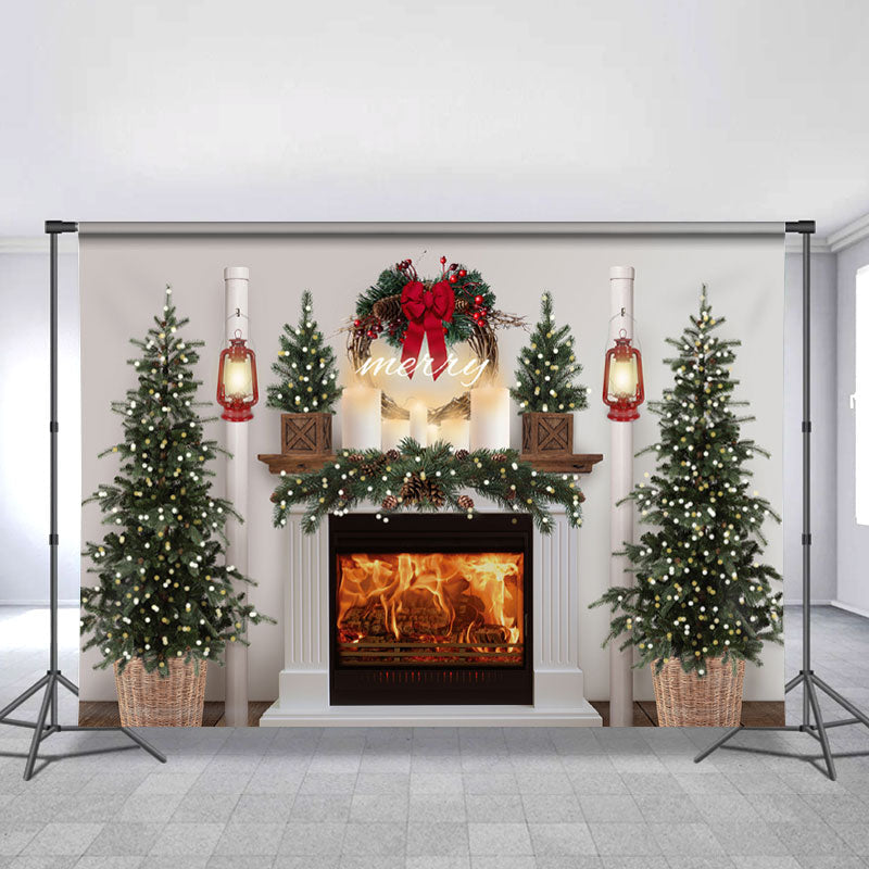 Lofaris Glitter Tree And Fireplace White Christmas Backdrop