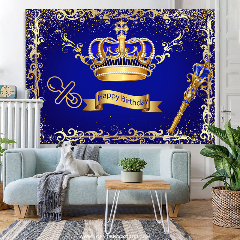 Lofaris Glod Brown And Navy Blue Crown Happy Birthday Backdrop