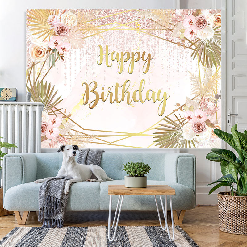 Lofaris Gloden And Floral Happy Birthday Backdrop For Girls