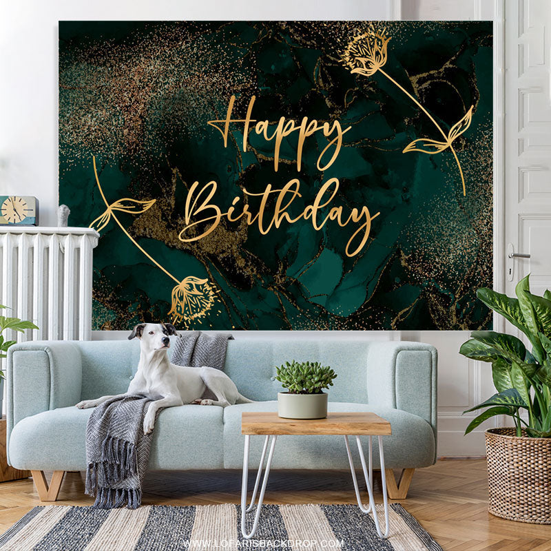 Lofaris Gloden Flowers Turquoise Theme Happy Birthday Backdrop
