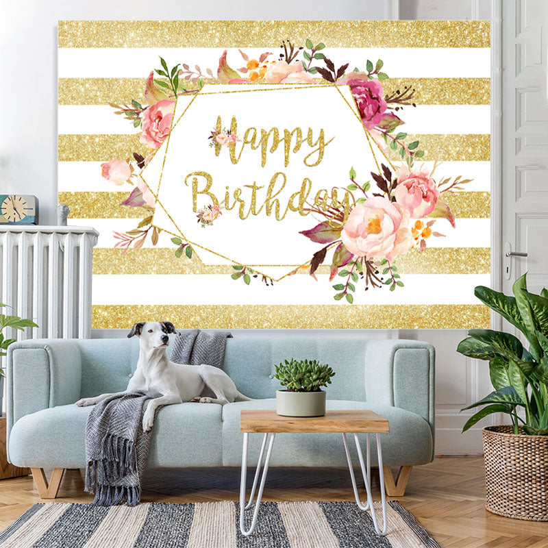 Lofaris Gloden Stripe And Floral Birthday Backdrop For Girl