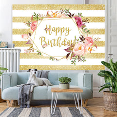 Lofaris Gloden Stripe And Floral Birthday Backdrop For Girl