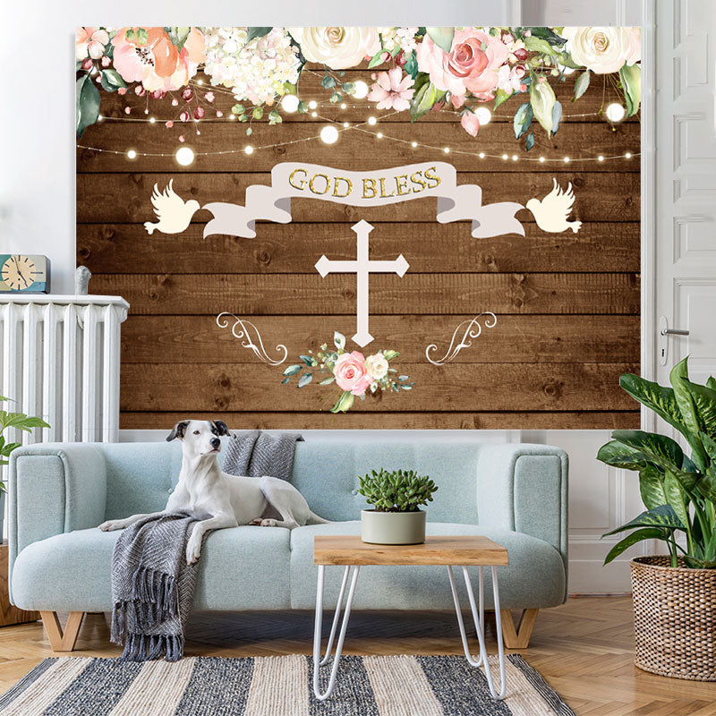 Lofaris God Bless Doves and Florals Wooden Backdrop for Baby