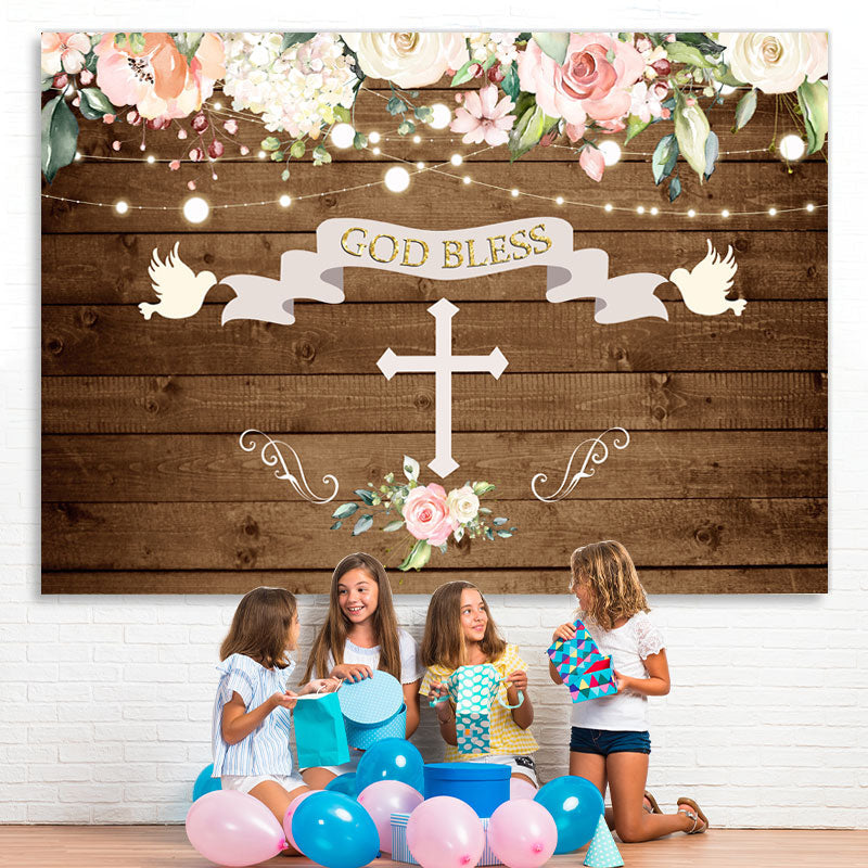 Lofaris God Bless Doves and Florals Wooden Backdrop for Baby