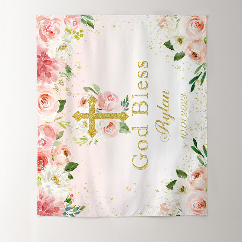 Lofaris God Bless Pink Floral Gold Glitter Backdrop for Bridal Shower