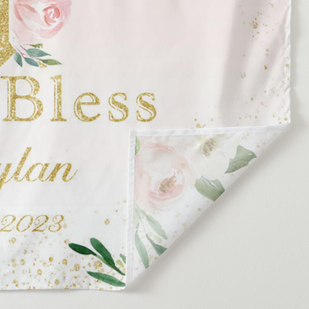 Lofaris God Bless Pink Floral Gold Glitter Backdrop for Bridal Shower