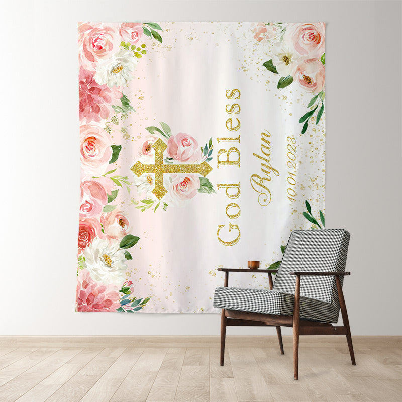 Lofaris God Bless Pink Floral Gold Glitter Backdrop for Bridal Shower