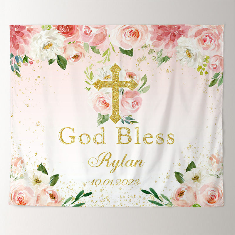 Lofaris God Bless Pink Floral Gold Glitter Backdrop for Bridal Shower