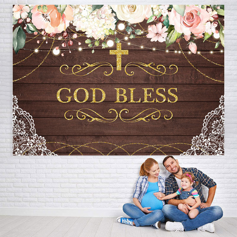 Lofaris God Bless Pink Floral Golden Cross Backdrop for Kids