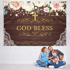 Lofaris God Bless Pink Floral Golden Cross Backdrop for Kids