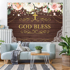 Lofaris God Bless Pink Floral Golden Cross Backdrop for Kids