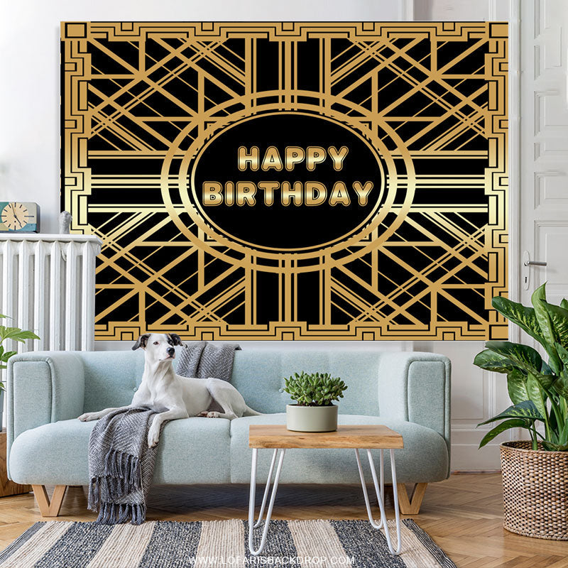Lofaris Gold Abstract Line And Black Happy Birthday Backdrop