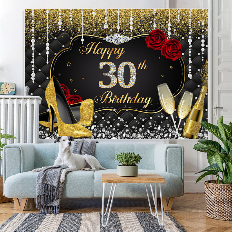 Lofaris Gold and Black Red Rose Diamond 30th Birthday Backdrop
