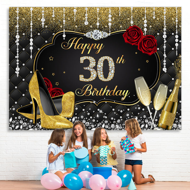 Lofaris Gold and Black Red Rose Diamond 30th Birthday Backdrop