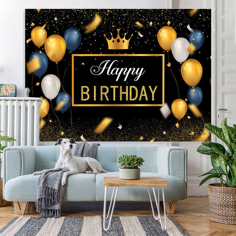 Lofaris Gold and Blue Ballons Black Glitter Birthday Backdrop