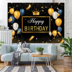 Lofaris Gold and Blue Ballons Black Glitter Birthday Backdrop