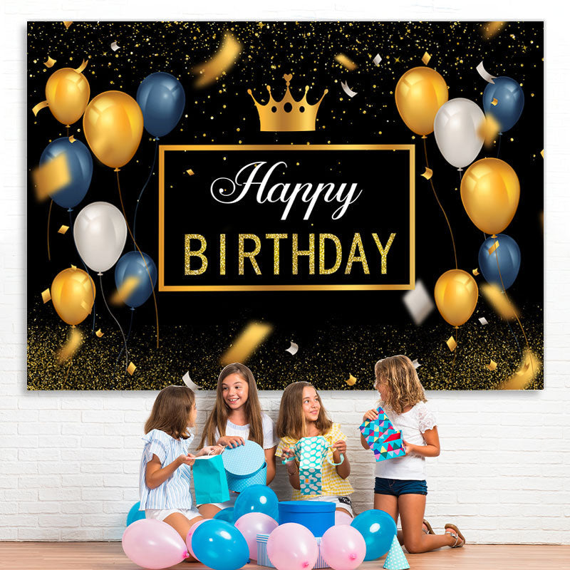 Lofaris Gold and Blue Ballons Black Glitter Birthday Backdrop