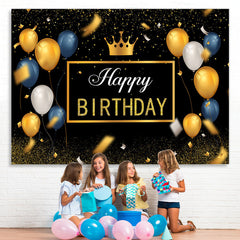 Lofaris Gold and Blue Ballons Black Glitter Birthday Backdrop