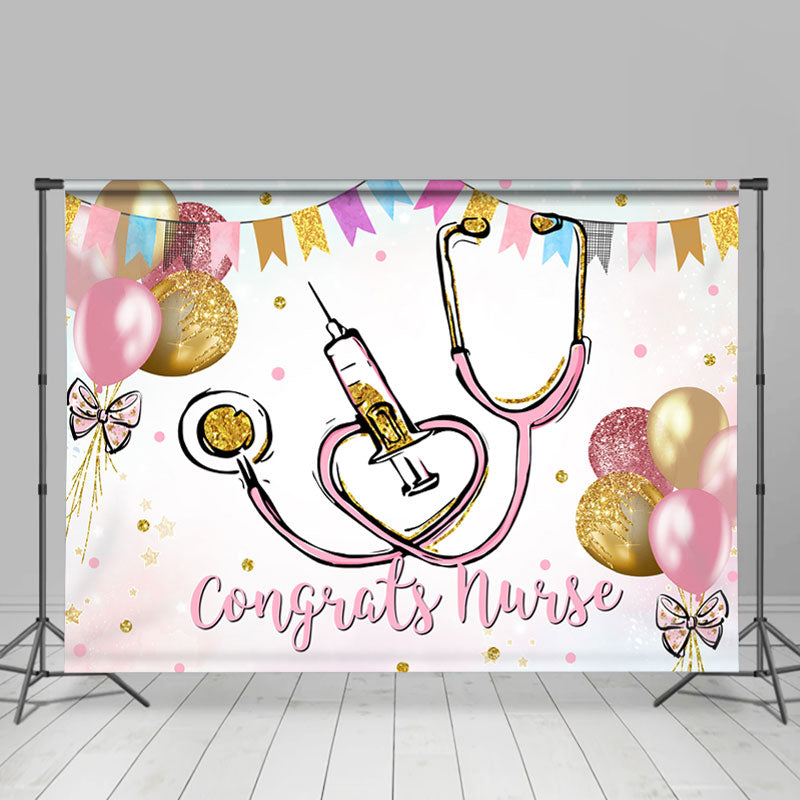 Lofaris Gold And Pink Glitter Ballons Congrats Nurse Backdrop