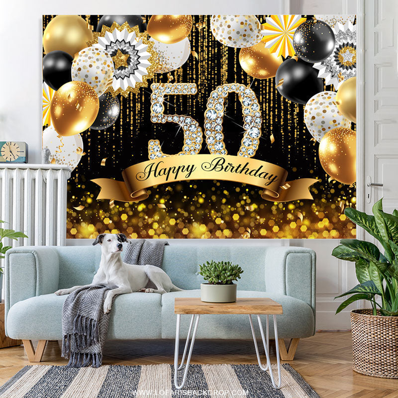 Lofaris Gold Balloons Bokeh Glitter Happy 50th Birthday Backdrop
