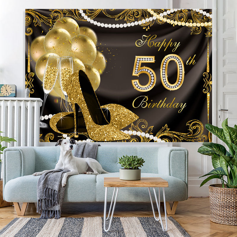 Lofaris Gold Balloons Glitter 50th Happy Birthday Backdrop