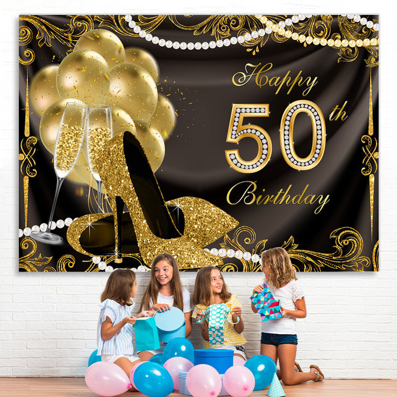 Lofaris Gold Balloons Glitter 50th Happy Birthday Backdrop
