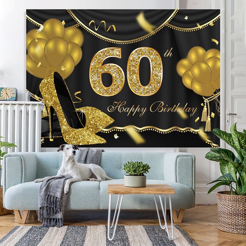 Lofaris Gold Balloons Glitter 60th Happy Birthday Backdrop