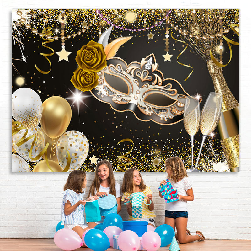 Lofaris Gold Balloons Mask Glitter Happy Birthday Backdorp