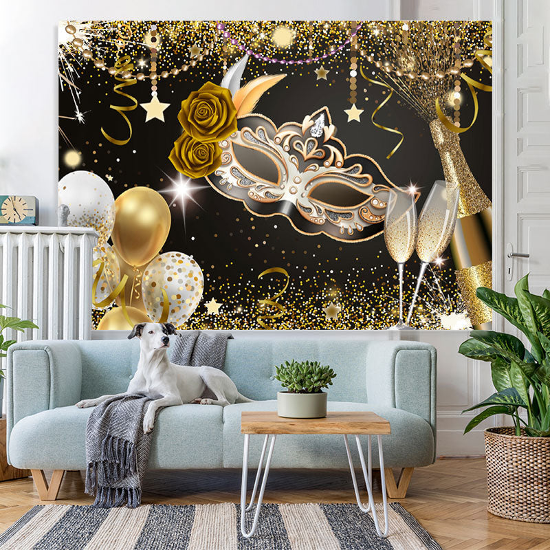Lofaris Gold Balloons Mask Glitter Happy Birthday Backdorp
