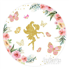 Lofaris Gold Butterfly Fairy Floral Round Birthday Backdrop