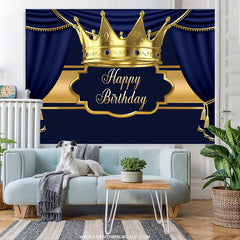 Lofaris Gold Crown Navy Blue Happy Birthday Party Backdrop