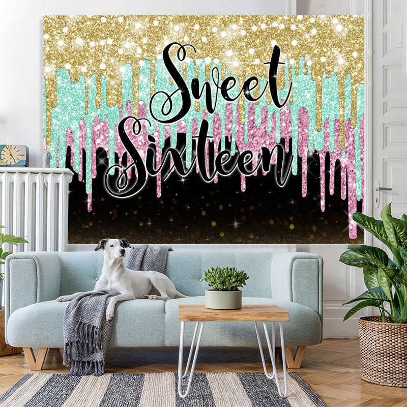 Lofaris Gold Cyan and Pink Sweet Sixteen Birthday Backdrop
