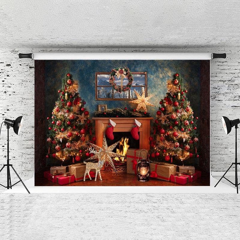Lofaris Gold Elk Red Socks Fireplace Christmas Theme Backdrop