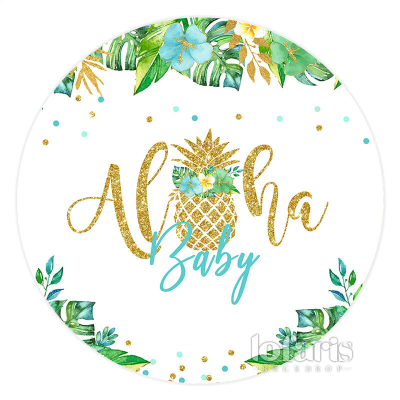 Lofaris Gold Glitter Alha Green Leaves Round Baby Shower Backdrop