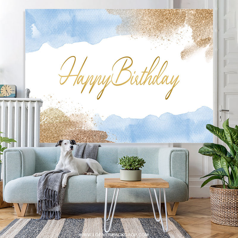 Lofaris Gold Glitter And Blue Happy Birthday Party Backdrop