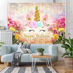 Lofaris Gold Glitter And Floral Unicorn Happy Birthday Backdrop