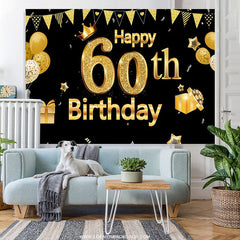 Lofaris Gold Glitter Ballons Black Happy 60th Birthday Backdrop
