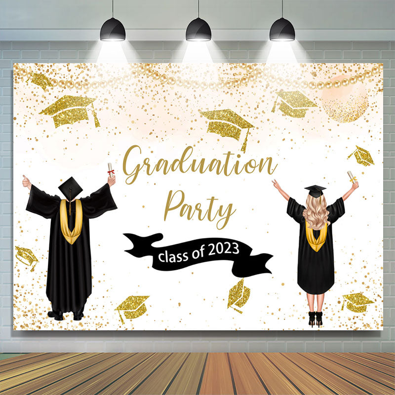 Lofaris Gold Glitter Caps Class Of 2023 Happy Grad Backdrop