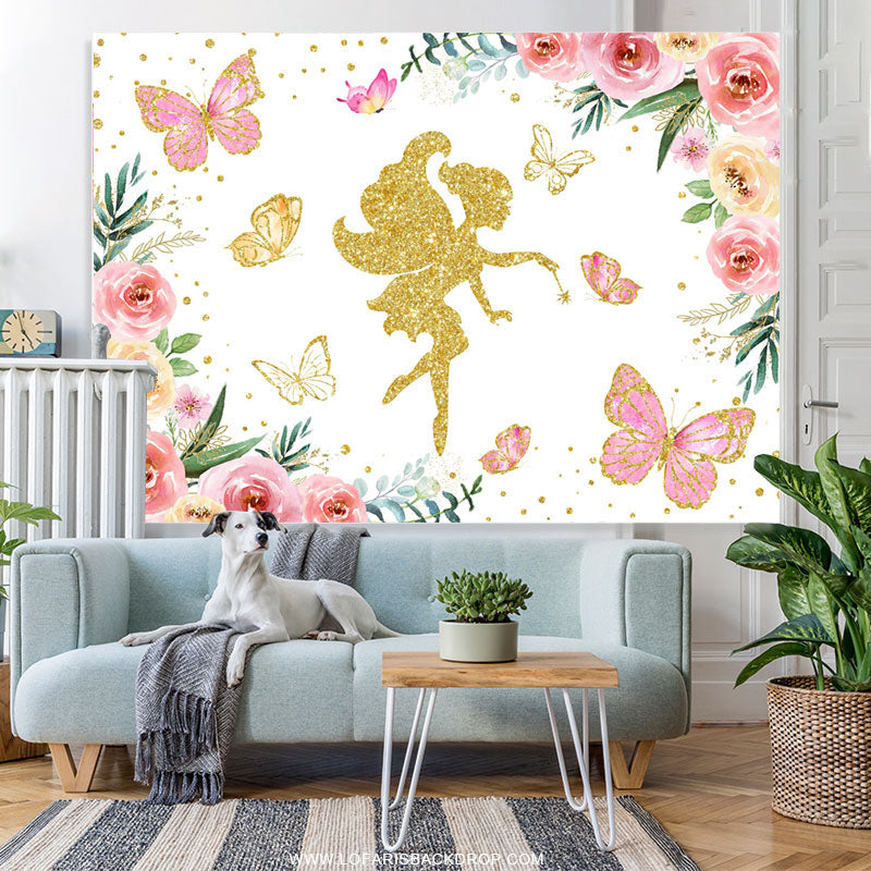 Lofaris Gold Glitter Fairy Pink Floral Birthday Party Backdrop