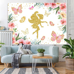 Lofaris Gold Glitter Fairy Pink Floral Birthday Party Backdrop