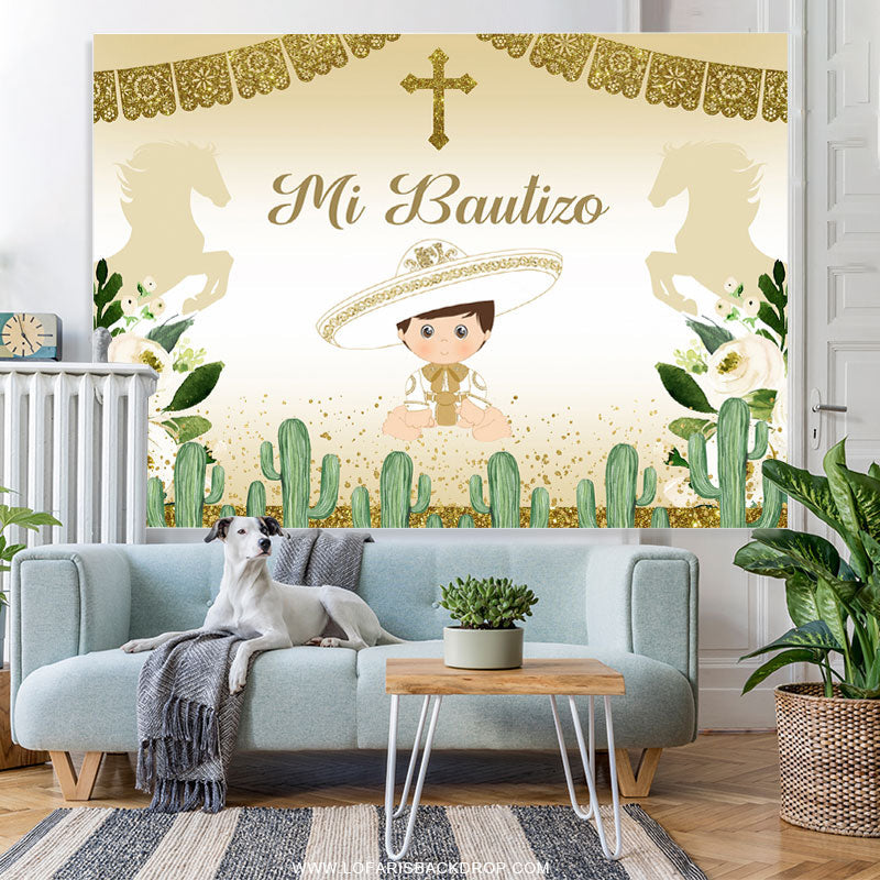 Lofaris Gold Glitter Flags Mi Bautizo Baby Shower Backdrop