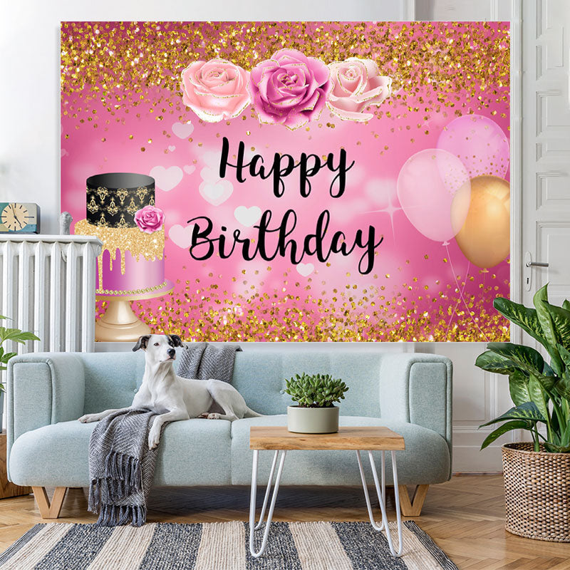Lofaris Gold Glitter Floral Balloons Happy Birthday Backdrop