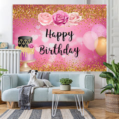 Lofaris Gold Glitter Floral Balloons Happy Birthday Backdrop