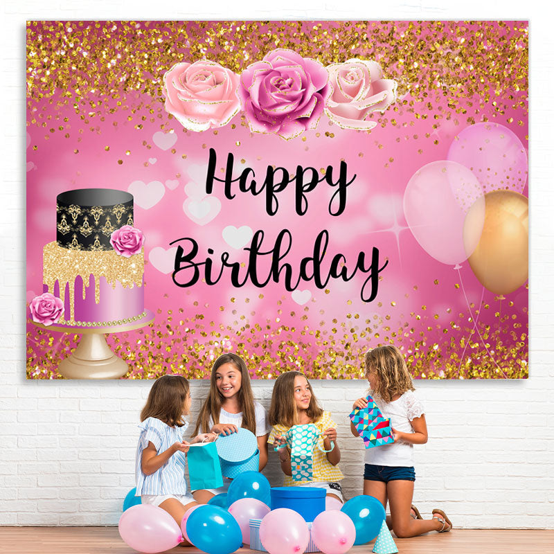 Lofaris Gold Glitter Floral Balloons Happy Birthday Backdrop